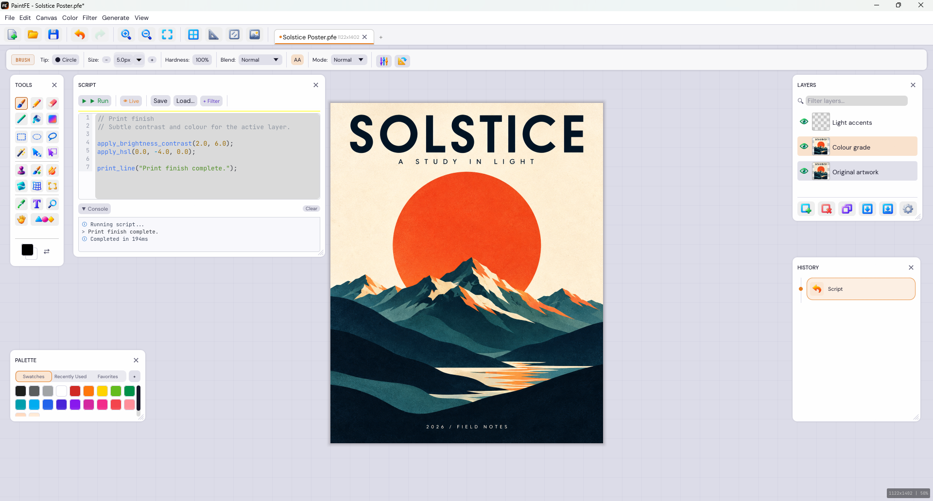 Solstice poster open in PaintFE with a Rhai image-processing script and its successful console output